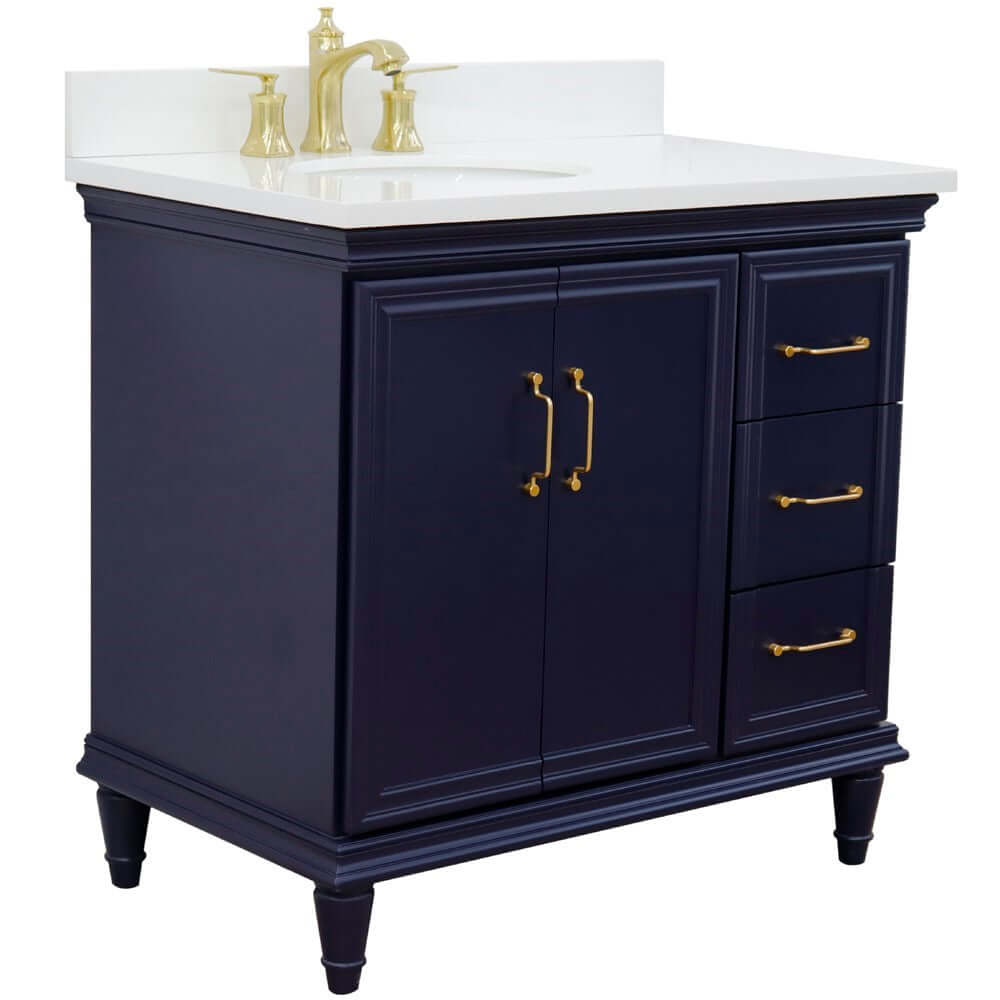 37" Single vanity in Blue finish with White quartz and oval sink- Left door/Left sink - 400800-37L-BU-WEOL