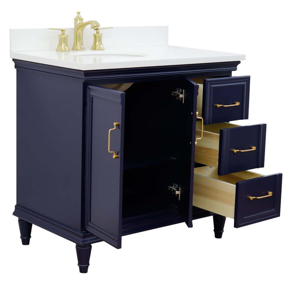 37" Single vanity in Blue finish with White quartz and oval sink- Left door/Left sink - 400800-37L-BU-WEOL