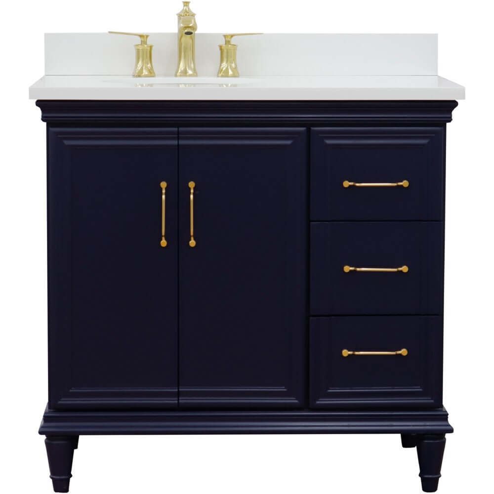 37" Single vanity in Blue finish with White quartz and oval sink- Left door/Left sink - 400800-37L-BU-WEOL