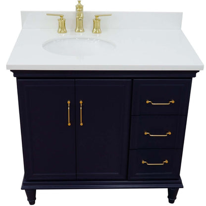 37" Single vanity in Blue finish with White quartz and oval sink- Left door/Left sink - 400800-37L-BU-WEOL