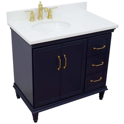 37" Single vanity in Blue finish with White quartz and oval sink- Left door/Left sink - 400800-37L-BU-WEOL