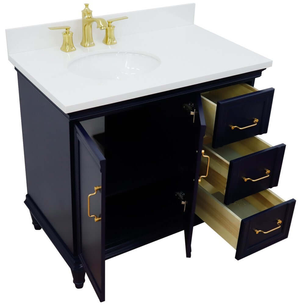 37" Single vanity in Blue finish with White quartz and oval sink- Left door/Left sink - 400800-37L-BU-WEOL