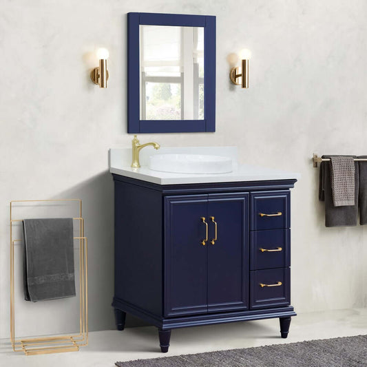 37" Single vanity in Blue finish with White quartz and round sink- Left door/Left sink - 400800-37L-BU-WERDL