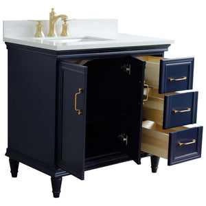 37" Single vanity in Blue finish with White quartz and rectangle sink- Left door/Left sink - 400800-37L-BU-WERL