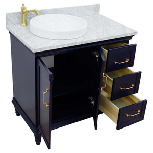 37" Single vanity in Blue finish with White Carrara and round sink- Left door/Left sink - 400800-37L-BU-WMRDL