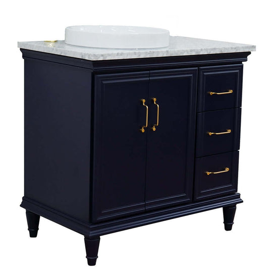 37" Single vanity in Blue finish with White Carrara and round sink- Left door/Left sink - 400800-37L-BU-WMRDL