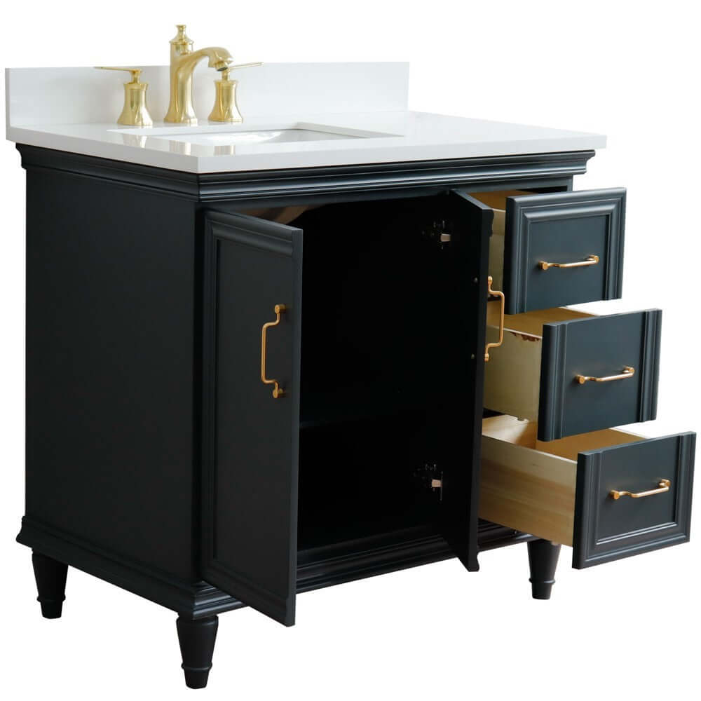 37" Single vanity in Dark Gray finish with White quartz and rectangle sink- Left door/Left sink - 400800-37L-DG-WERL