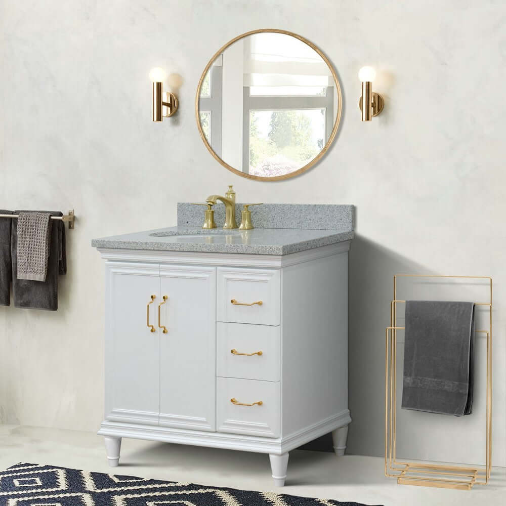 37" Single vanity in White finish with Gray granite and oval sink- Left door/Left sink - 400800-37L-WH-GYOL