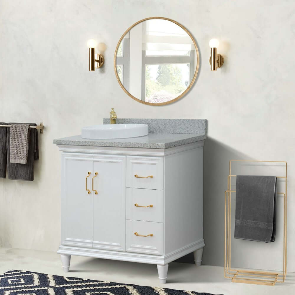 37" Single vanity in White finish with Gray granite and round sink- Left door/Left sink - 400800-37L-WH-GYRDL