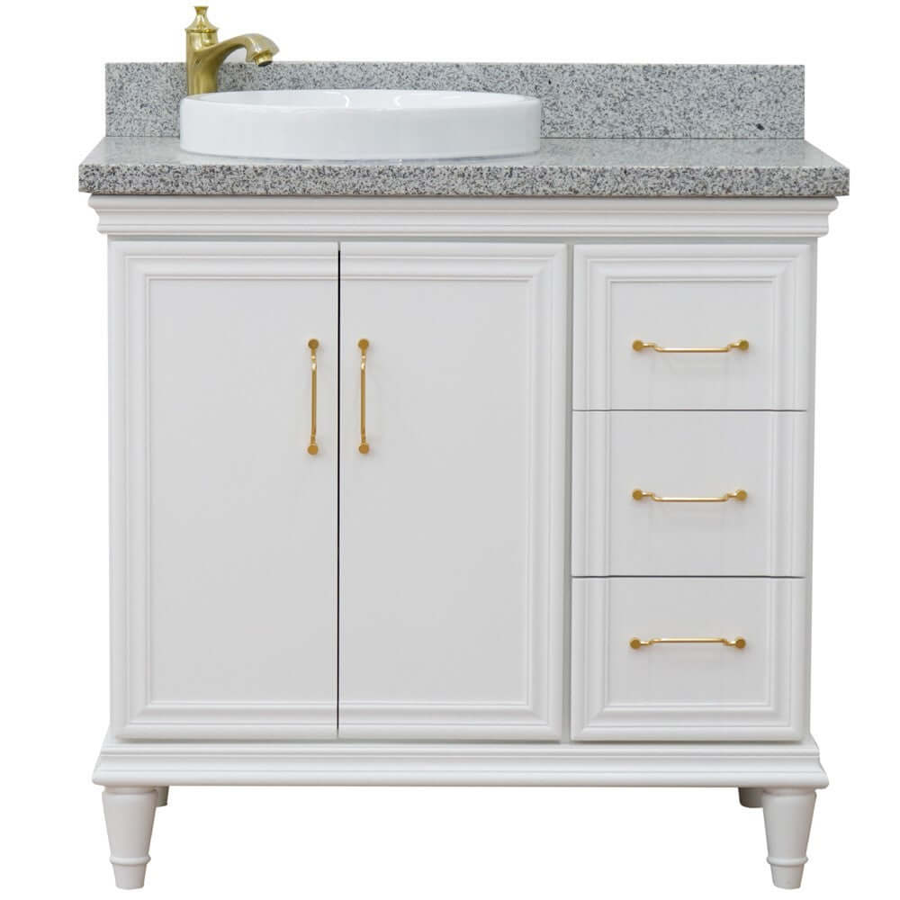 37" Single vanity in White finish with Gray granite and round sink- Left door/Left sink - 400800-37L-WH-GYRDL