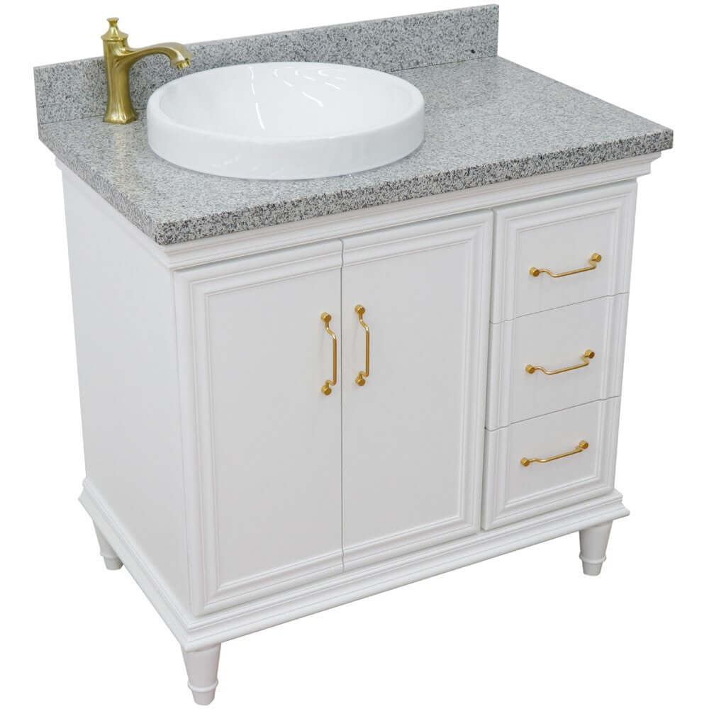 37" Single vanity in White finish with Gray granite and round sink- Left door/Left sink - 400800-37L-WH-GYRDL