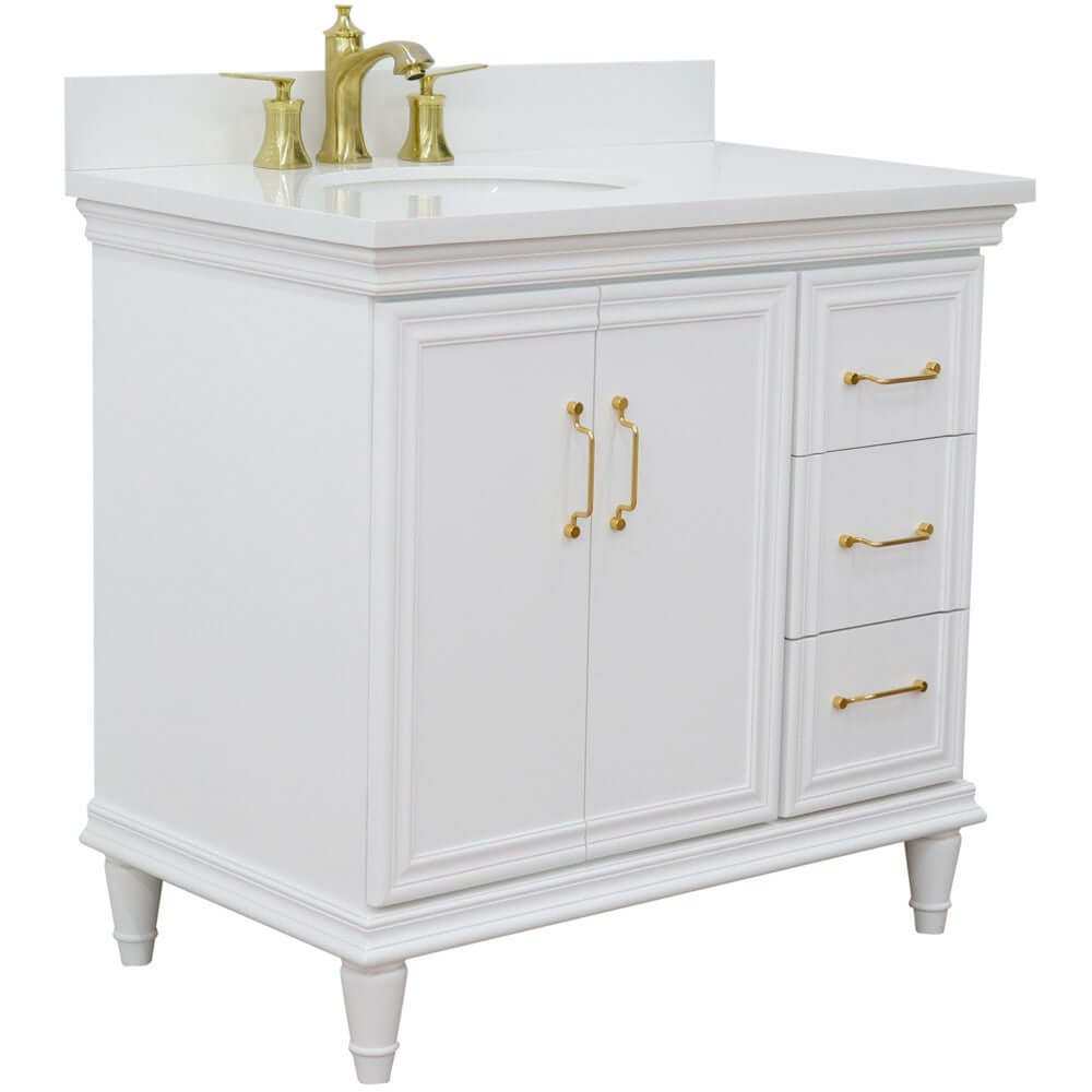 37" Single vanity in White finish with White quartz and oval sink- Left door/Left sink - 400800-37L-WH-WEOL