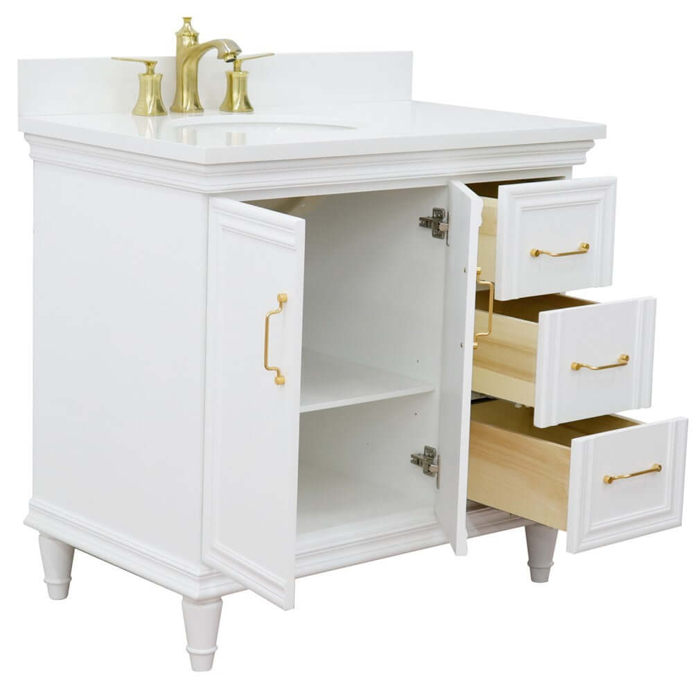 37" Single vanity in White finish with White quartz and oval sink- Left door/Left sink - 400800-37L-WH-WEOL