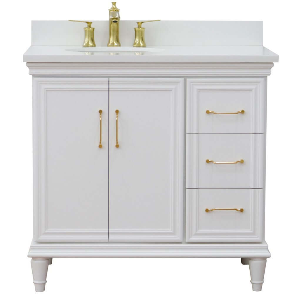 37" Single vanity in White finish with White quartz and oval sink- Left door/Left sink - 400800-37L-WH-WEOL