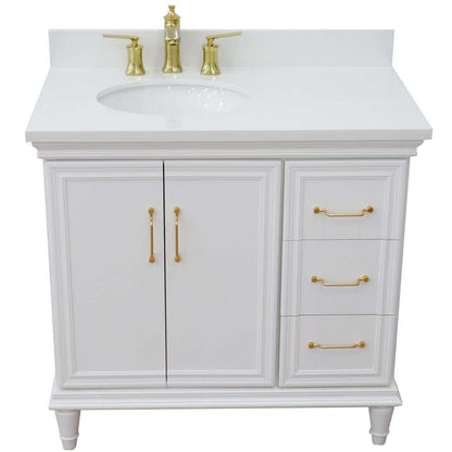 37" Single vanity in White finish with White quartz and oval sink- Left door/Left sink - 400800-37L-WH-WEOL