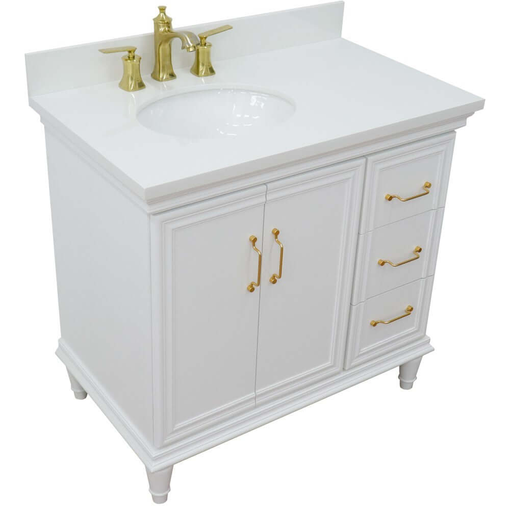 37" Single vanity in White finish with White quartz and oval sink- Left door/Left sink - 400800-37L-WH-WEOL