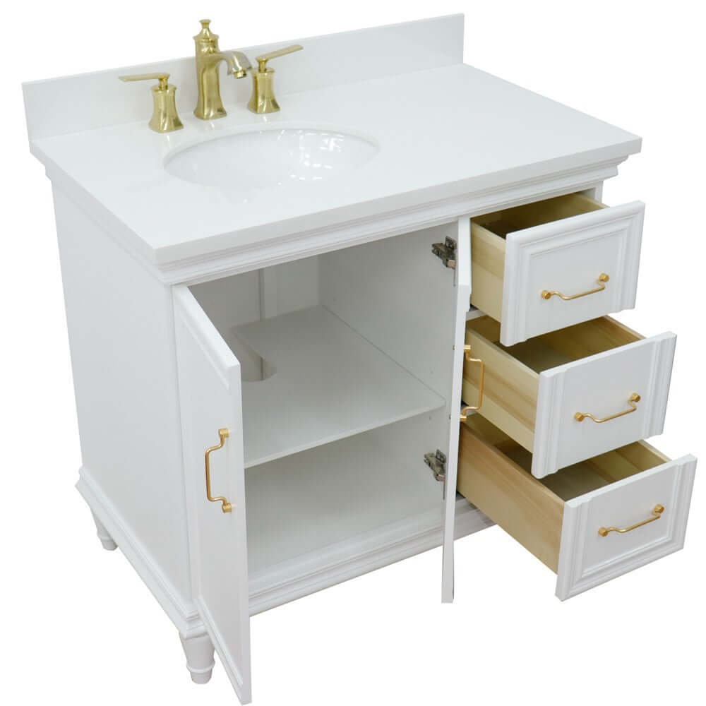 37" Single vanity in White finish with White quartz and oval sink- Left door/Left sink - 400800-37L-WH-WEOL