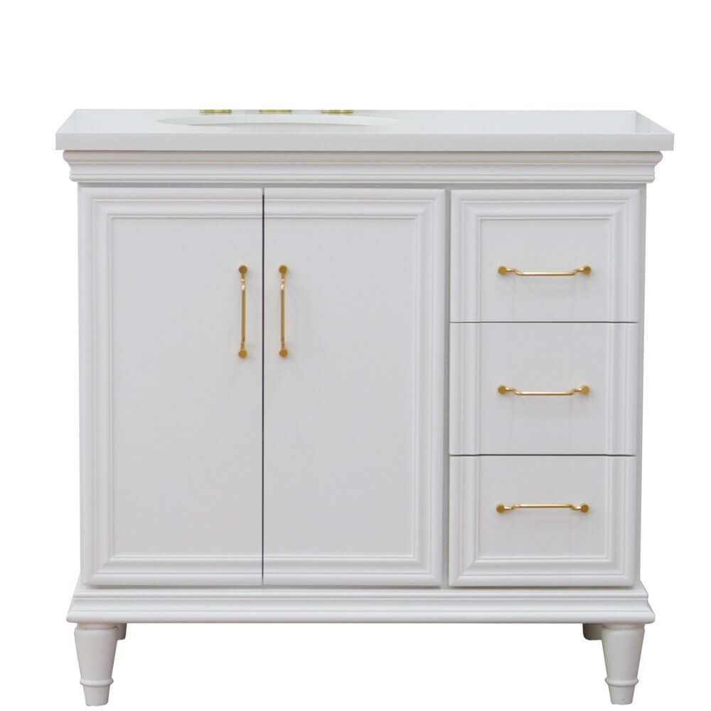 37" Single vanity in White finish with White quartz and oval sink- Left door/Left sink - 400800-37L-WH-WEOL