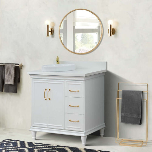 37" Single vanity in White finish with White quartz and round sink- Left door/Left sink - 400800-37L-WH-WERDL