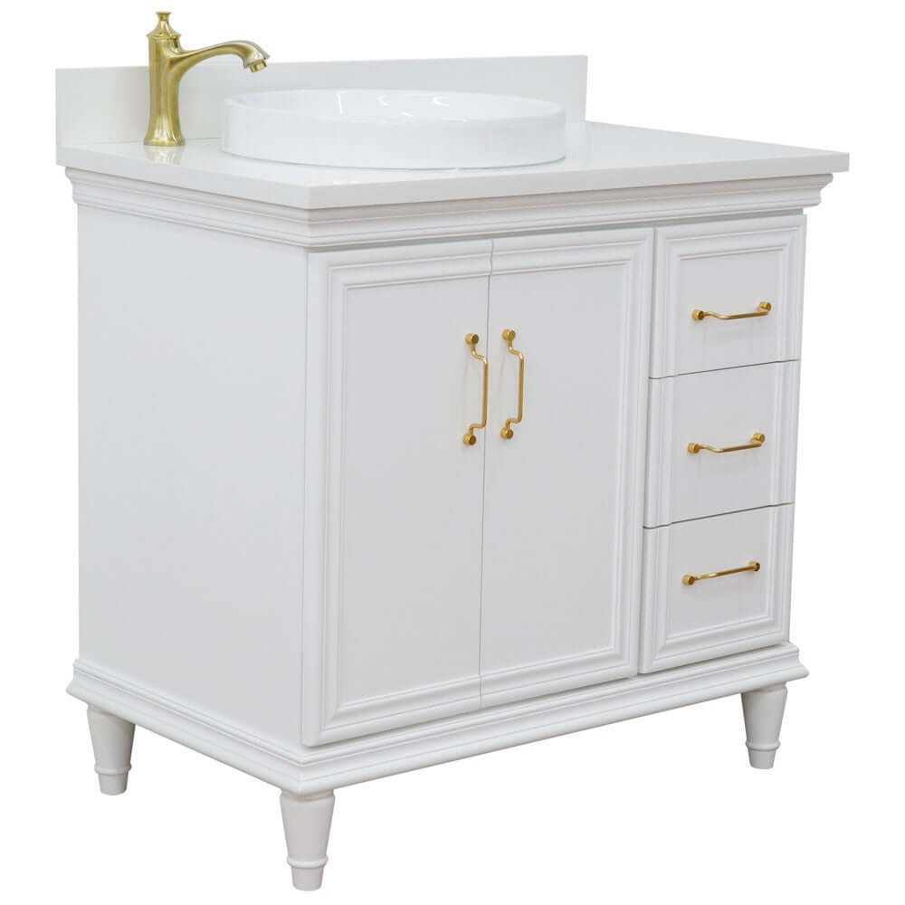 37" Single vanity in White finish with White quartz and round sink- Left door/Left sink - 400800-37L-WH-WERDL