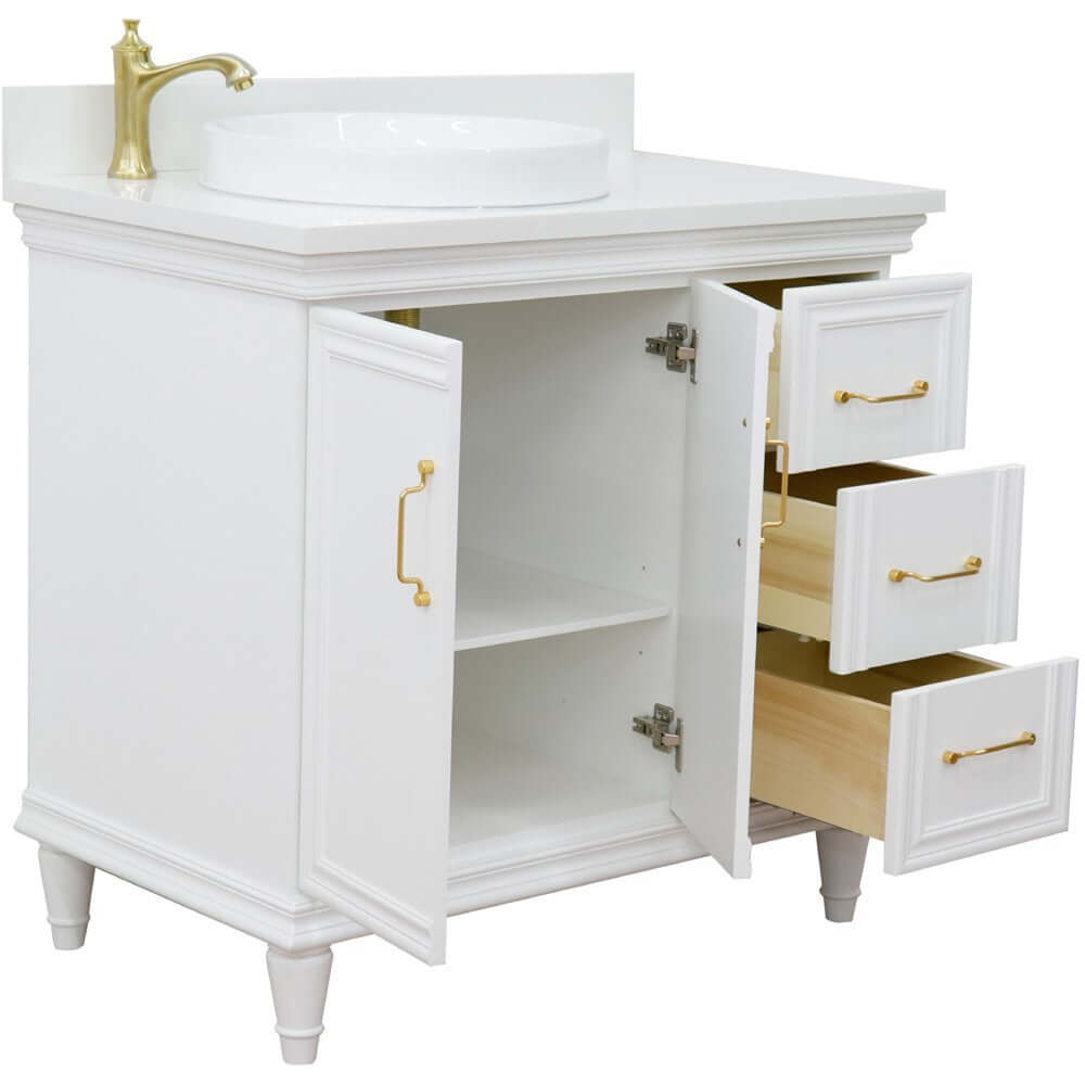 37" Single vanity in White finish with White quartz and round sink- Left door/Left sink - 400800-37L-WH-WERDL