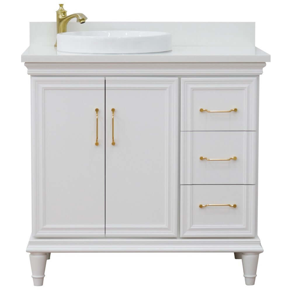 37" Single vanity in White finish with White quartz and round sink- Left door/Left sink - 400800-37L-WH-WERDL