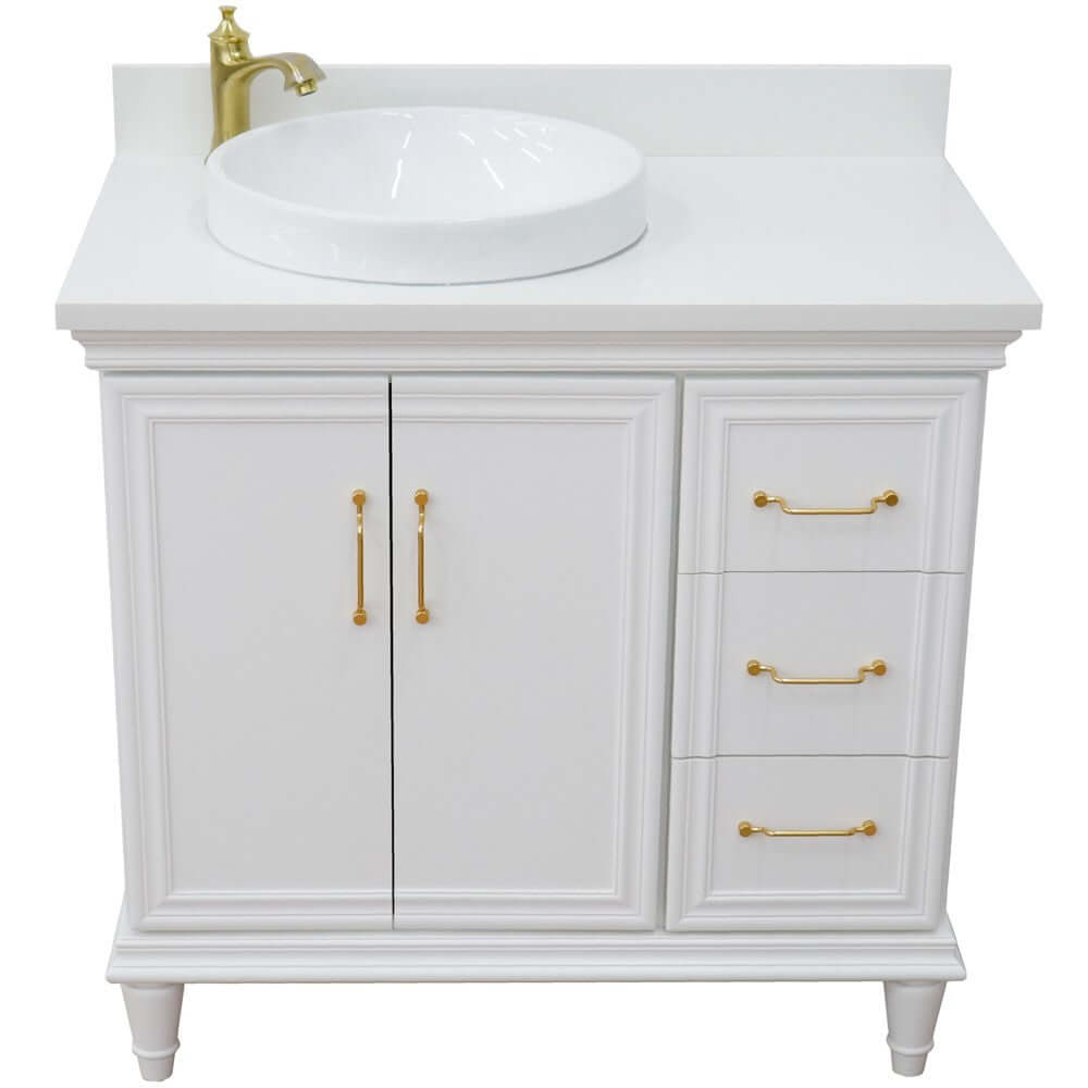 37" Single vanity in White finish with White quartz and round sink- Left door/Left sink - 400800-37L-WH-WERDL