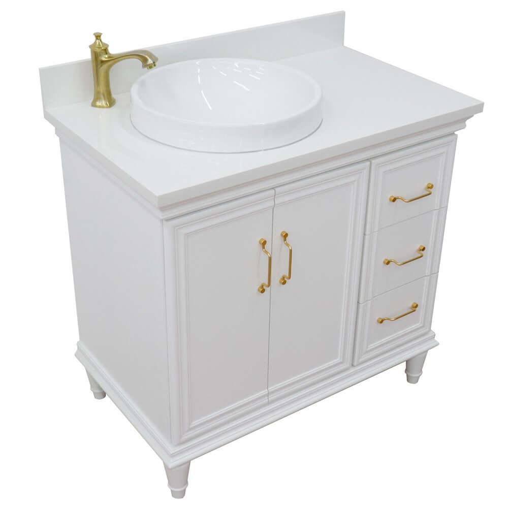 37" Single vanity in White finish with White quartz and round sink- Left door/Left sink - 400800-37L-WH-WERDL