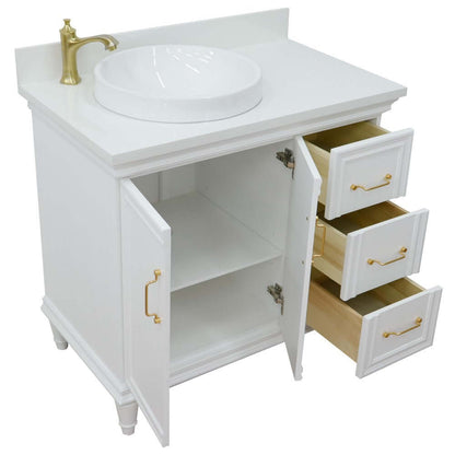 37" Single vanity in White finish with White quartz and round sink- Left door/Left sink - 400800-37L-WH-WERDL