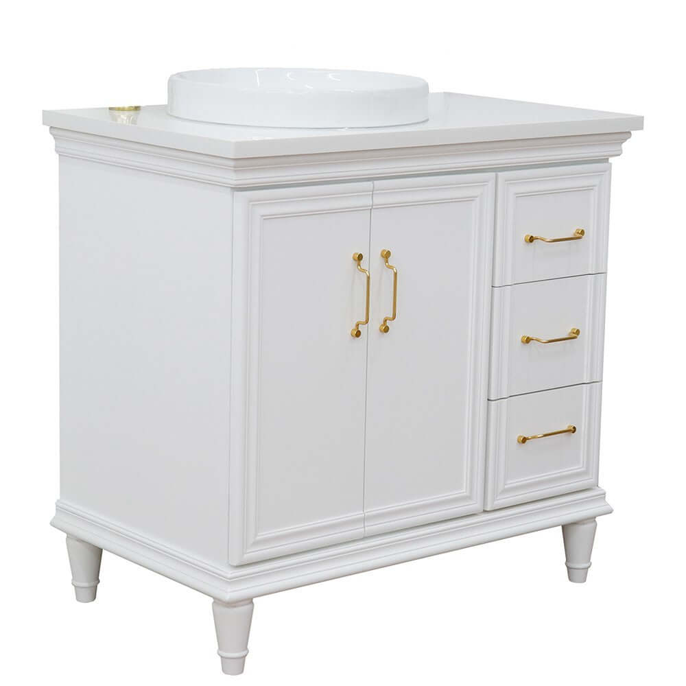 37" Single vanity in White finish with White quartz and round sink- Left door/Left sink - 400800-37L-WH-WERDL