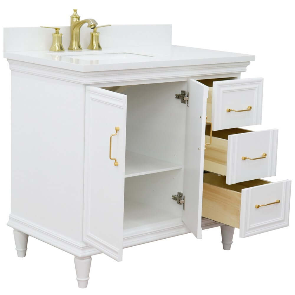 37" Single vanity in White finish with White quartz and rectangle sink- Left door/Left sink - 400800-37L-WH-WERL