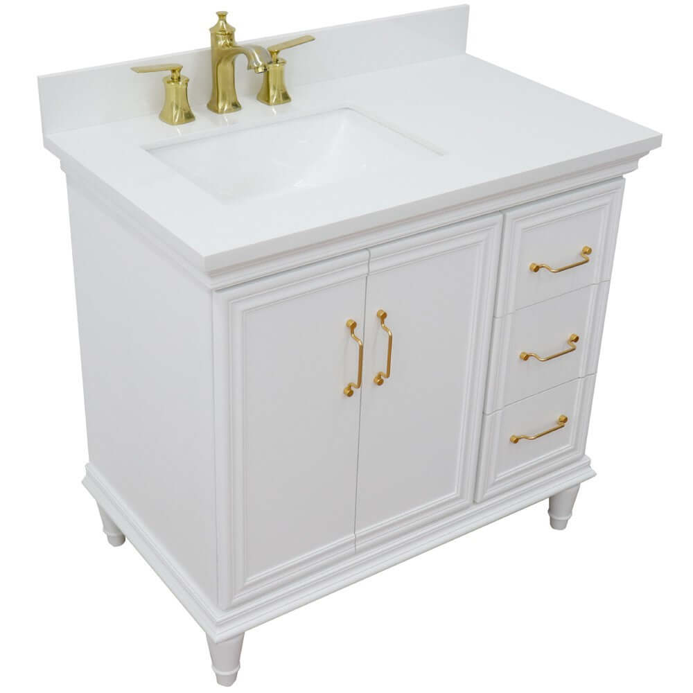 37" Single vanity in White finish with White quartz and rectangle sink- Left door/Left sink - 400800-37L-WH-WERL