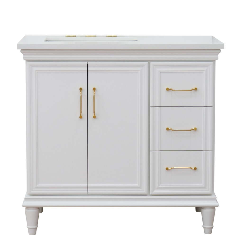 37" Single vanity in White finish with White quartz and rectangle sink- Left door/Left sink - 400800-37L-WH-WERL