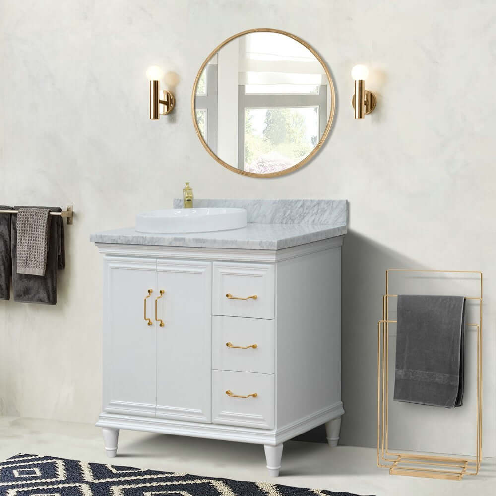 37" Single vanity in White finish with White Carrara and round sink- Left door/Left sink - 400800-37L-WH-WMRDL