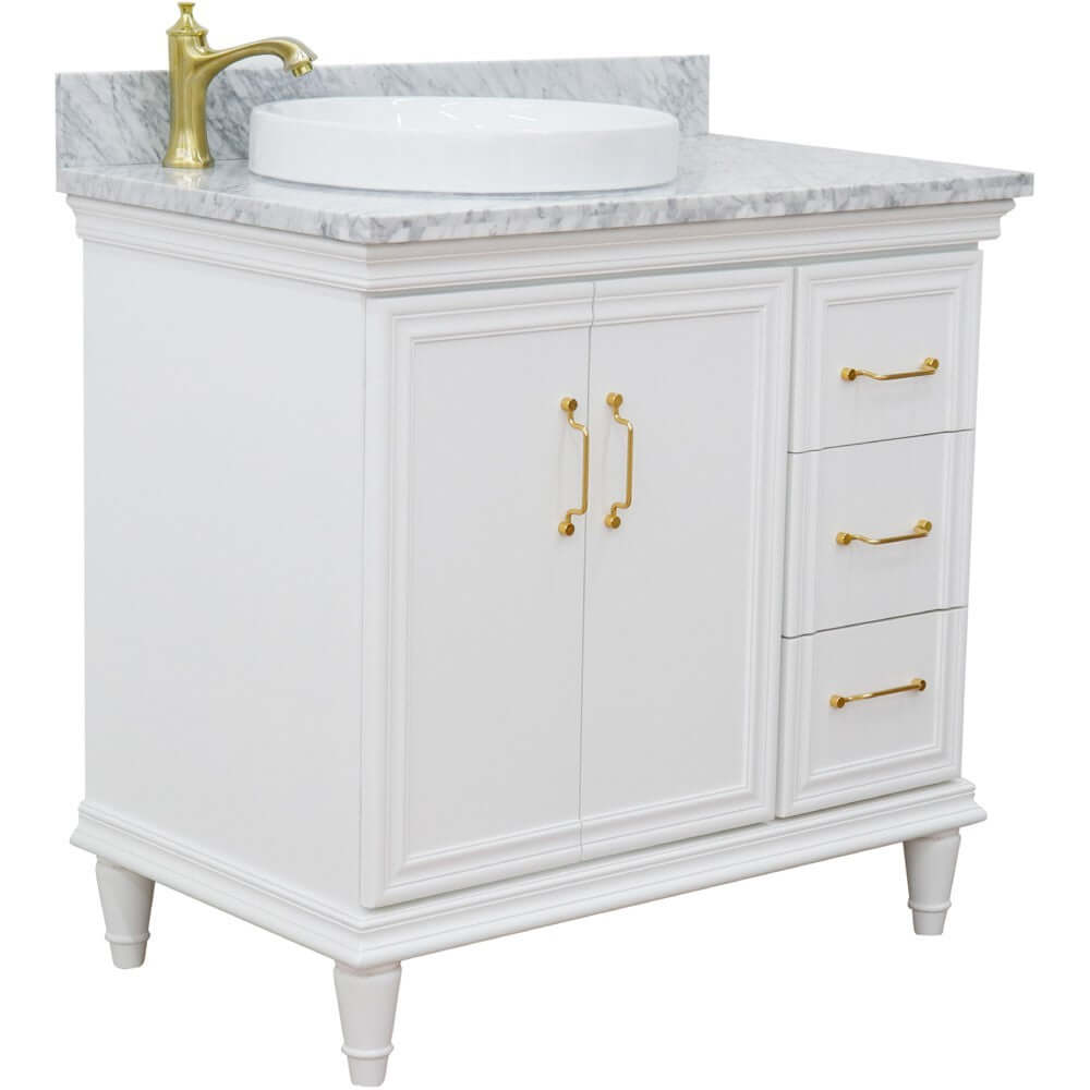 37" Single vanity in White finish with White Carrara and round sink- Left door/Left sink - 400800-37L-WH-WMRDL