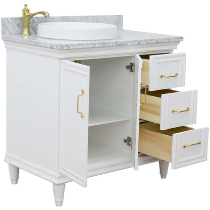 37" Single vanity in White finish with White Carrara and round sink- Left door/Left sink - 400800-37L-WH-WMRDL