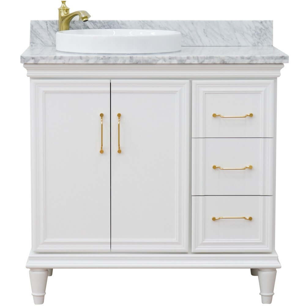 37" Single vanity in White finish with White Carrara and round sink- Left door/Left sink - 400800-37L-WH-WMRDL