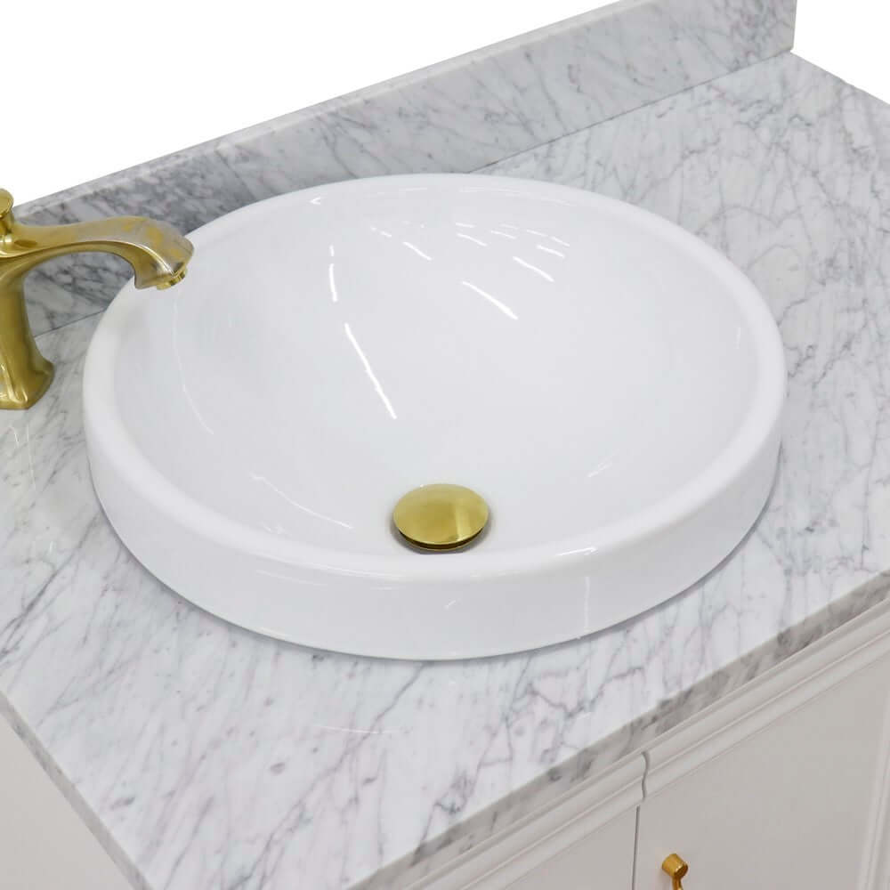 37" Single vanity in White finish with White Carrara and round sink- Left door/Left sink - 400800-37L-WH-WMRDL