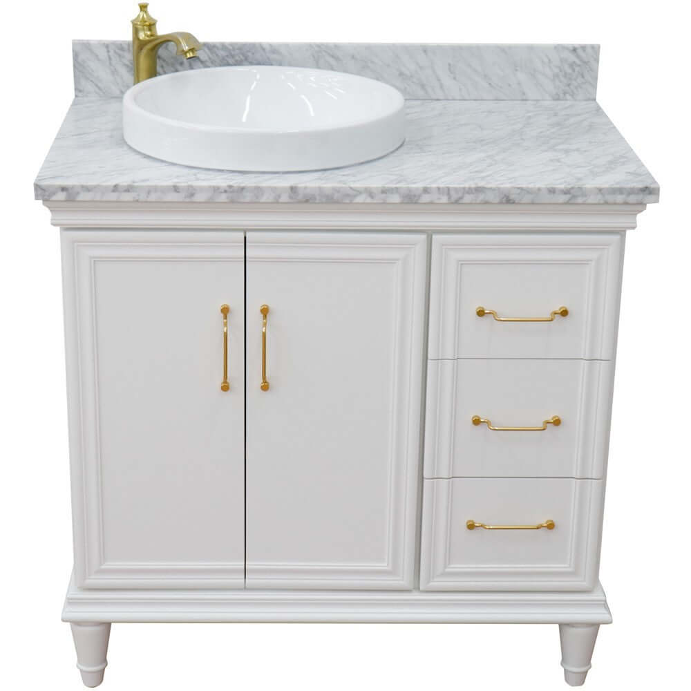 37" Single vanity in White finish with White Carrara and round sink- Left door/Left sink - 400800-37L-WH-WMRDL