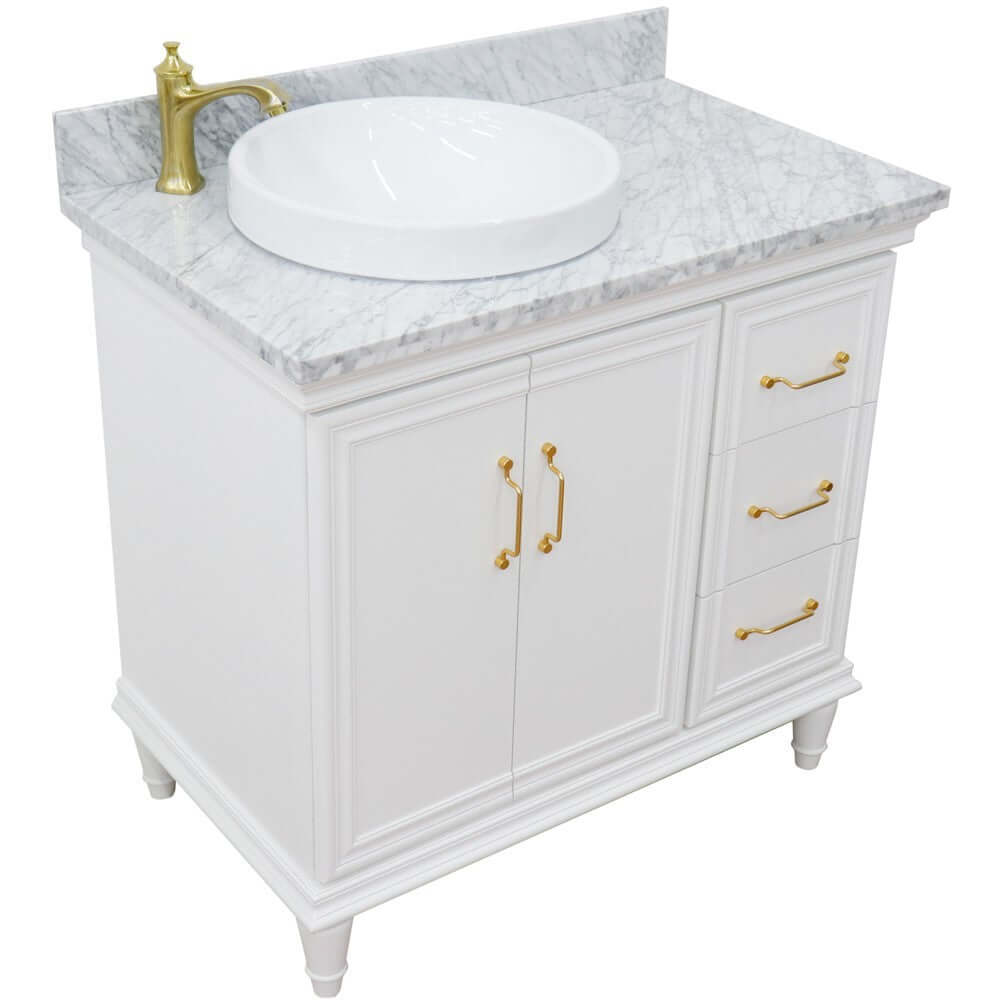 37" Single vanity in White finish with White Carrara and round sink- Left door/Left sink - 400800-37L-WH-WMRDL