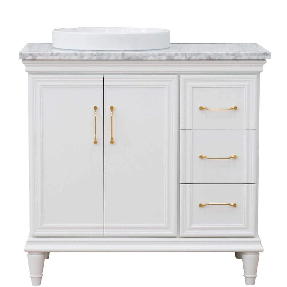 37" Single vanity in White finish with White Carrara and round sink- Left door/Left sink - 400800-37L-WH-WMRDL