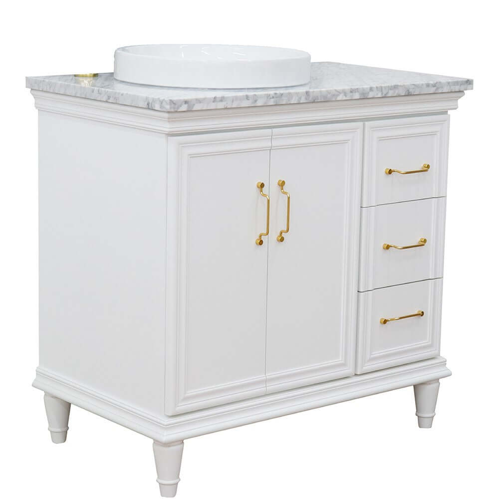 37" Single vanity in White finish with White Carrara and round sink- Left door/Left sink - 400800-37L-WH-WMRDL