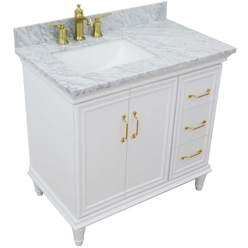 37" Single vanity in White finish with White Carrara and rectangle sink- Left door/Left sink - 400800-37L-WH-WMRL