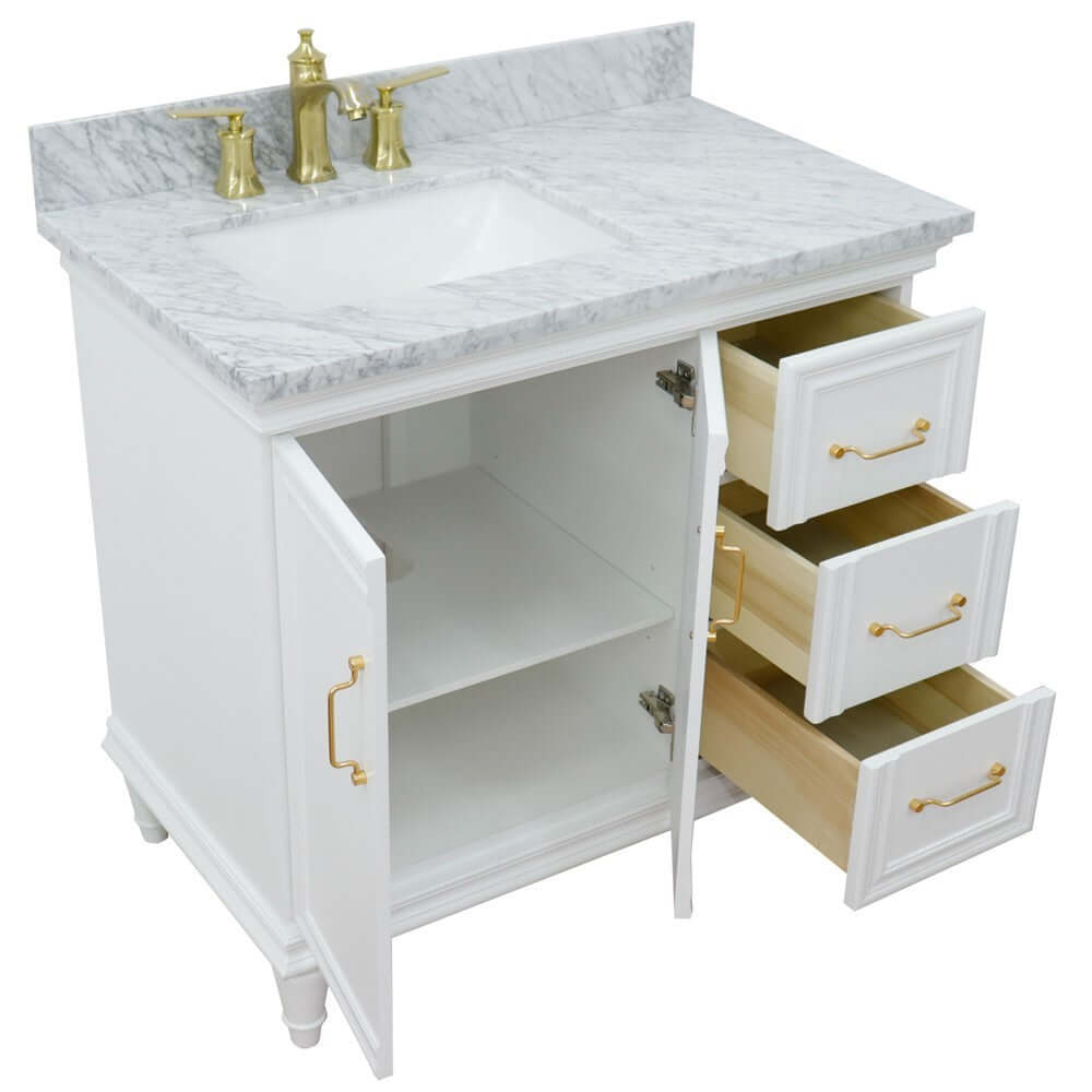 37" Single vanity in White finish with White Carrara and rectangle sink- Left door/Left sink - 400800-37L-WH-WMRL