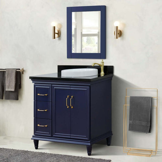 37" Single vanity in Blue finish with Black galaxy and round sink- Right door/Right sink - 400800-37R-BU-BGRDR