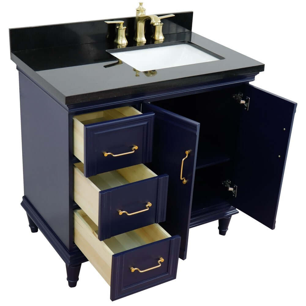 37" Single vanity in Blue finish with Black galaxy and rectangle sink- Right door/Right sink - 400800-37R-BU-BGRR