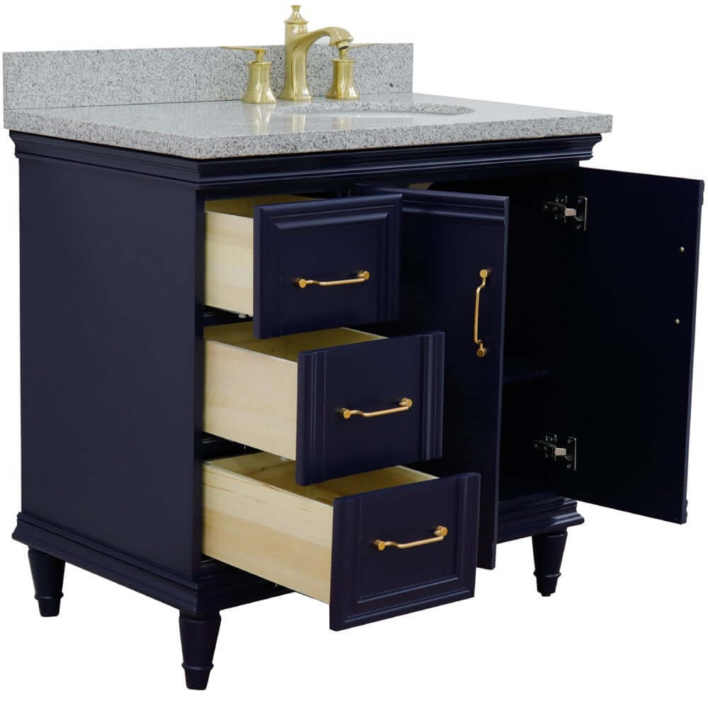 37" Single vanity in Blue finish with Gray granite and oval sink- Right door/Right sink - 400800-37R-BU-GYOR