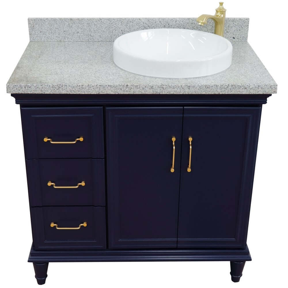 37" Single vanity in Blue finish with Gray granite and round sink- Right door/Right sink - 400800-37R-BU-GYRDR