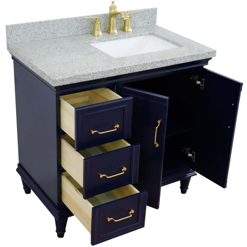 37" Single vanity in Blue finish with Gray granite and rectangle sink- Right door/Right sink - 400800-37R-BU-GYRR