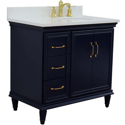 37" Single vanity in Blue finish with White quartz and oval sink- Right door/Right sink - 400800-37R-BU-WEOR